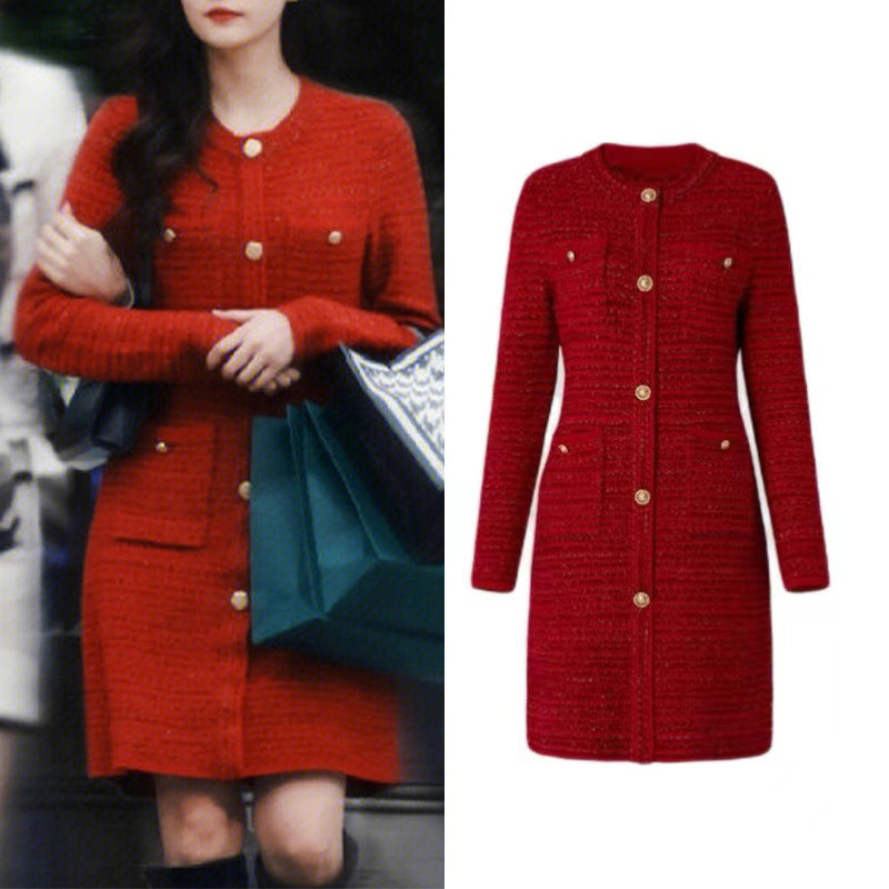 Houndstooth Red Women's Waist-cinching Long Dress