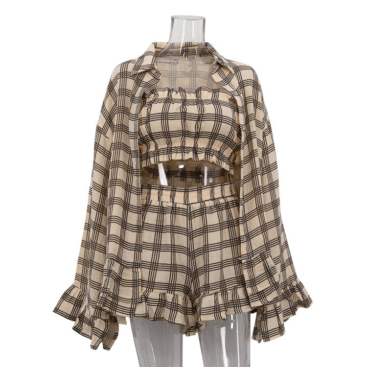 Retro Loose Outfit Long Sleeve Plaid Shirt Tube Top Shorts Fashion Casual Three-piece Suit