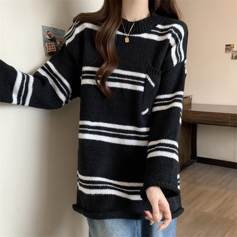 Lazy Sweater Pocket Contrast Color Striped Round Neck Pullover