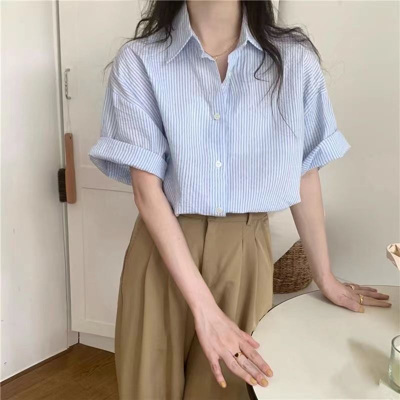 Women's Short-sleeve Blue Striped Shirt