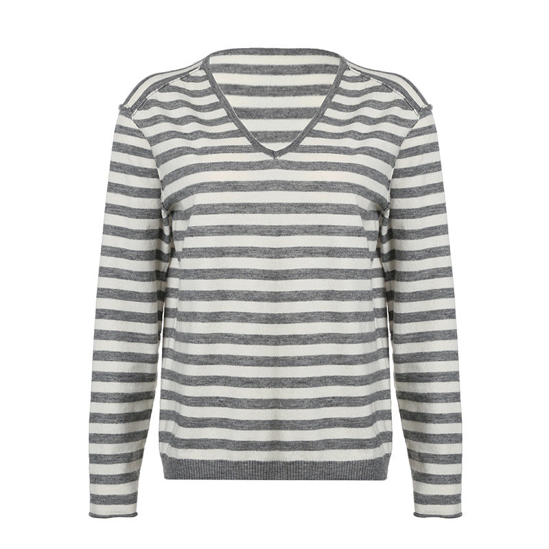 Striped Sweater Fashionable V-neck Loose Long-sleeved Woolen Top