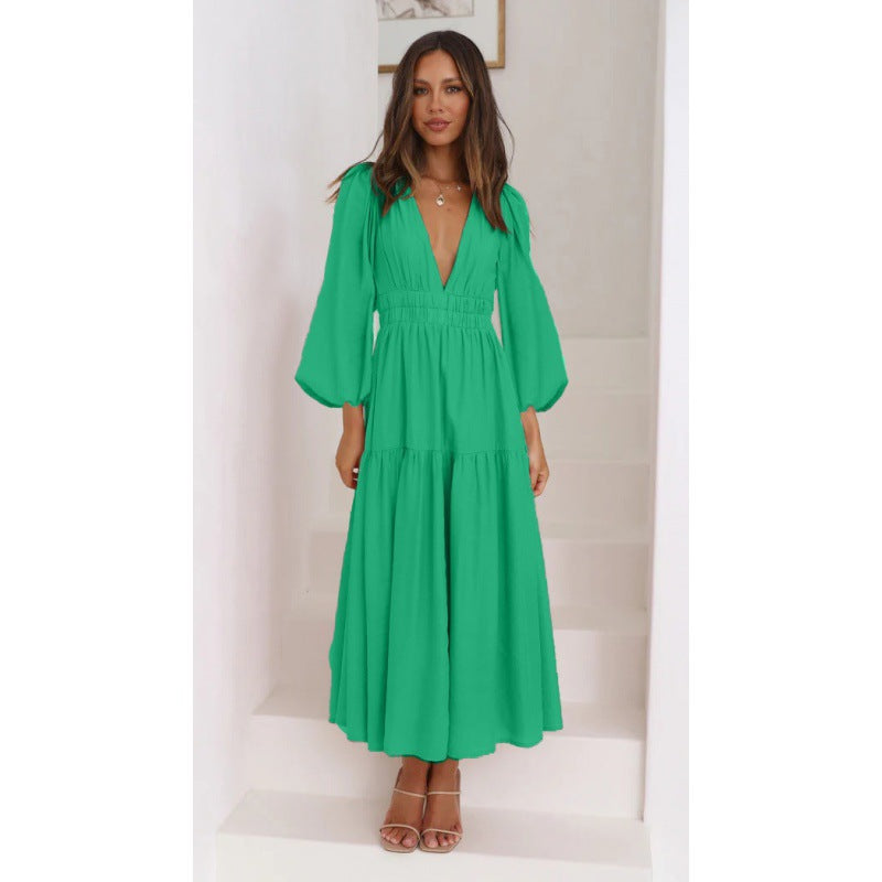 Waist Slimming Pleated Long Sleeved Small Dress