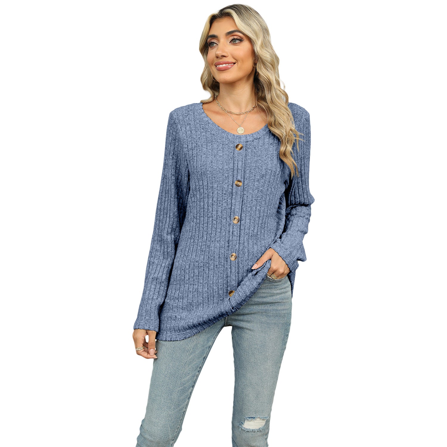 Women's Single-breasted Round Neck Long-sleeved T-shirt