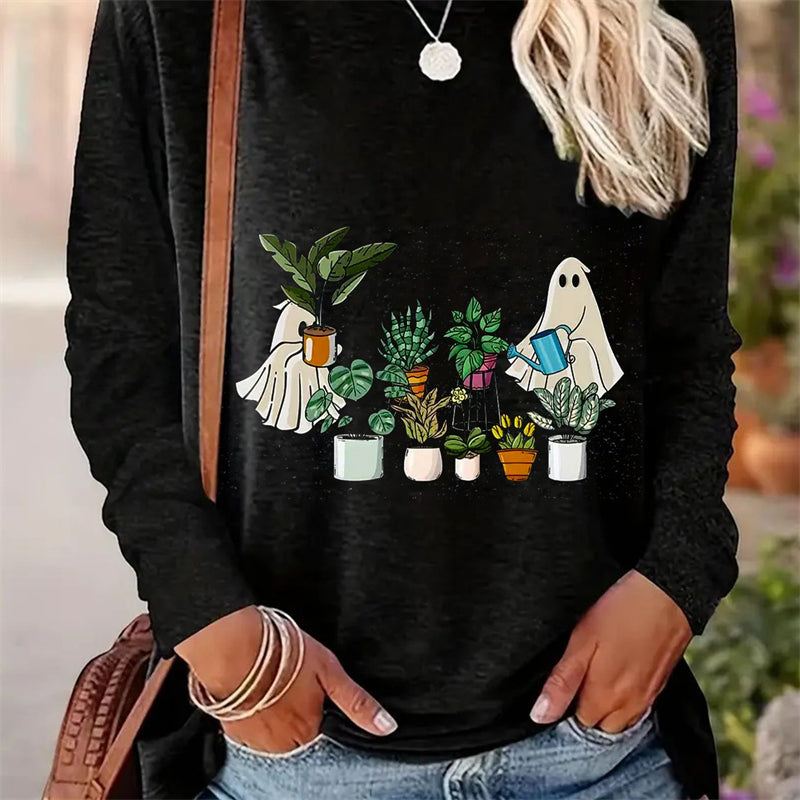 Spring And Autumn Women Casual Simple Pattern Printed Round Neck Long Sleeve T-shirt