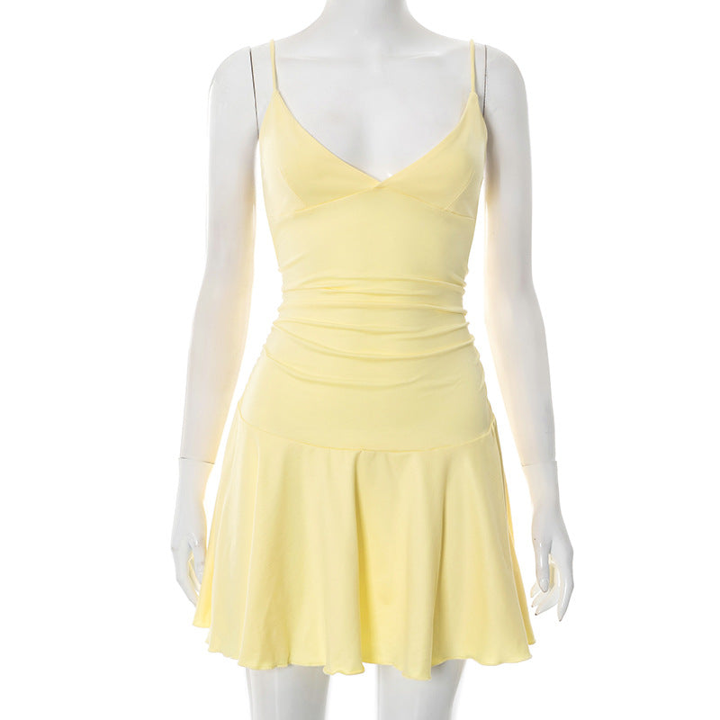 Solid Color V-neck Brace Ruffled Dress Women
