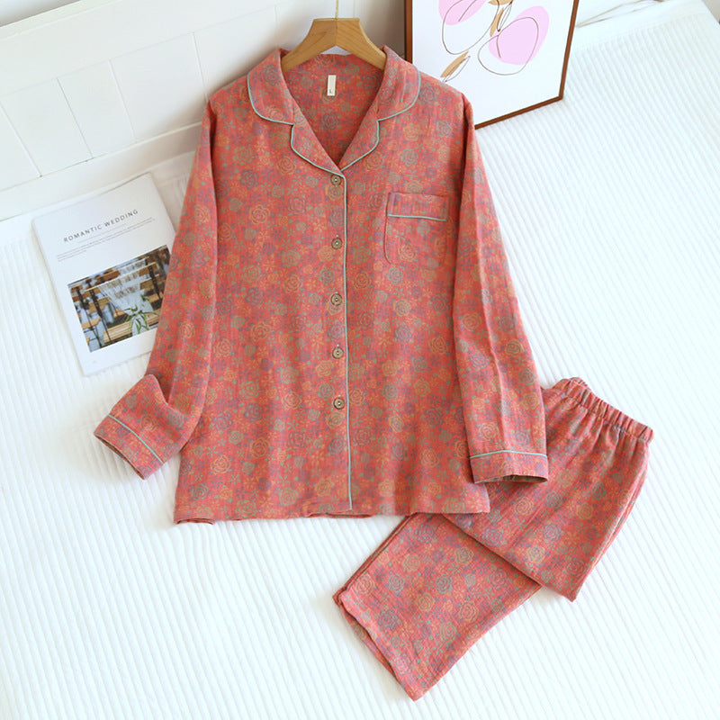 Women's Spring And Autumn Lapel Rose Double-layer Cotton Yarn Long Sleeves Home Wear Suit