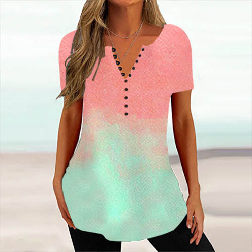 Women's V-neck Short-sleeved Summer 3D Printed Button T-shirt