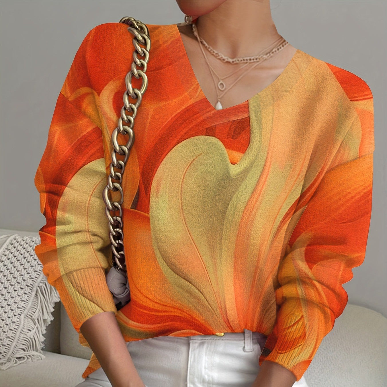 Full Body Printed V-neck Long Sleeve Sweaters