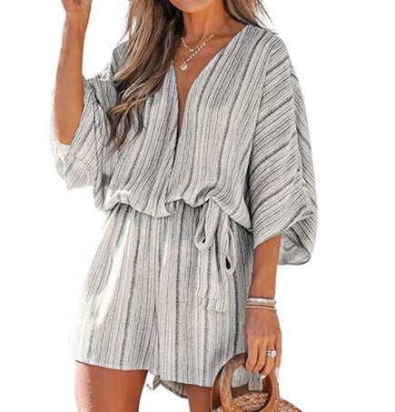 Women's V-neck Printed Lace-up Bat Jumpsuit