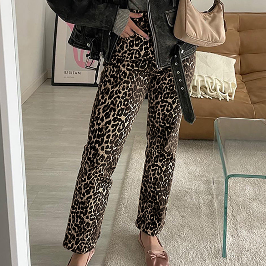 Leopard Print High Waist Straight Pants Retro Smart Trousers Women