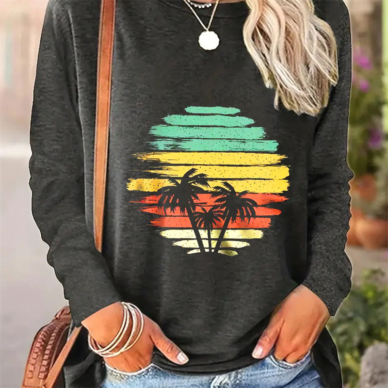 Spring And Autumn Women Casual Simple Pattern Printed Round Neck Long Sleeve T-shirt