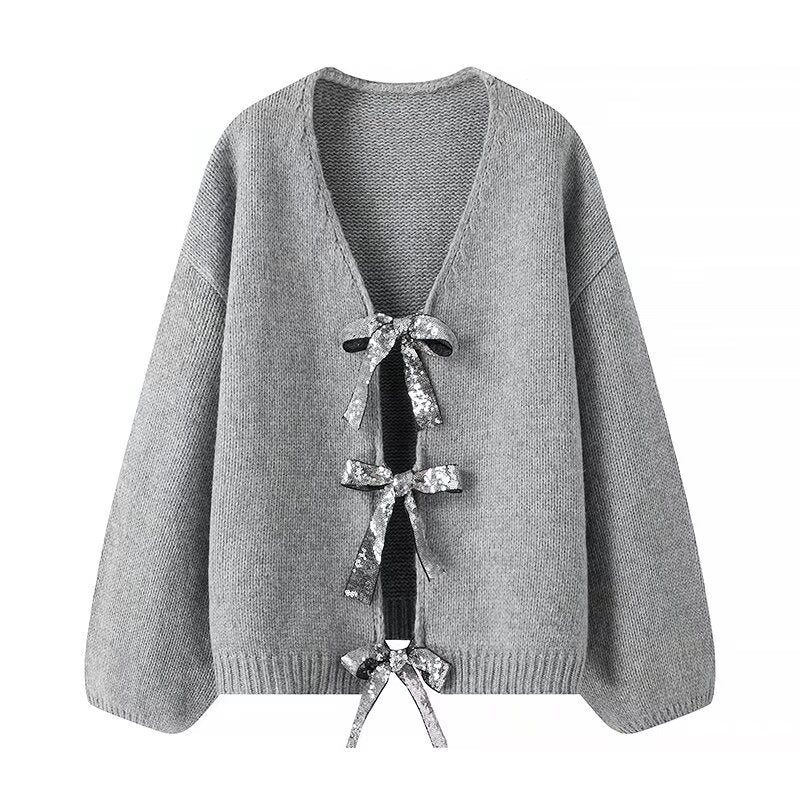 Women's Sequined Bowknot Decoration Loose Knitted Sweater