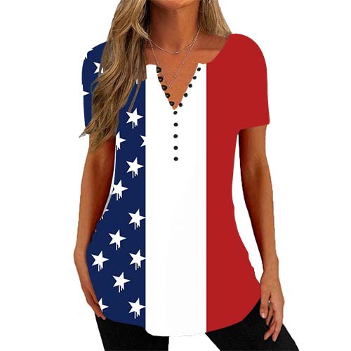 Women's V-neck Short-sleeved Summer 3D Printed Button T-shirt