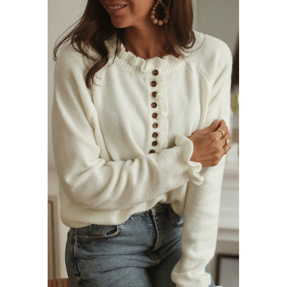 New Style Frill Button Knitted Pullover Crew Neck Sweater Women