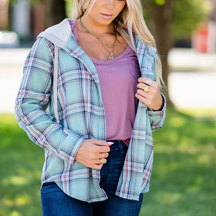 Women's New Loose Hooded Plaid Striped Jacket Shirt