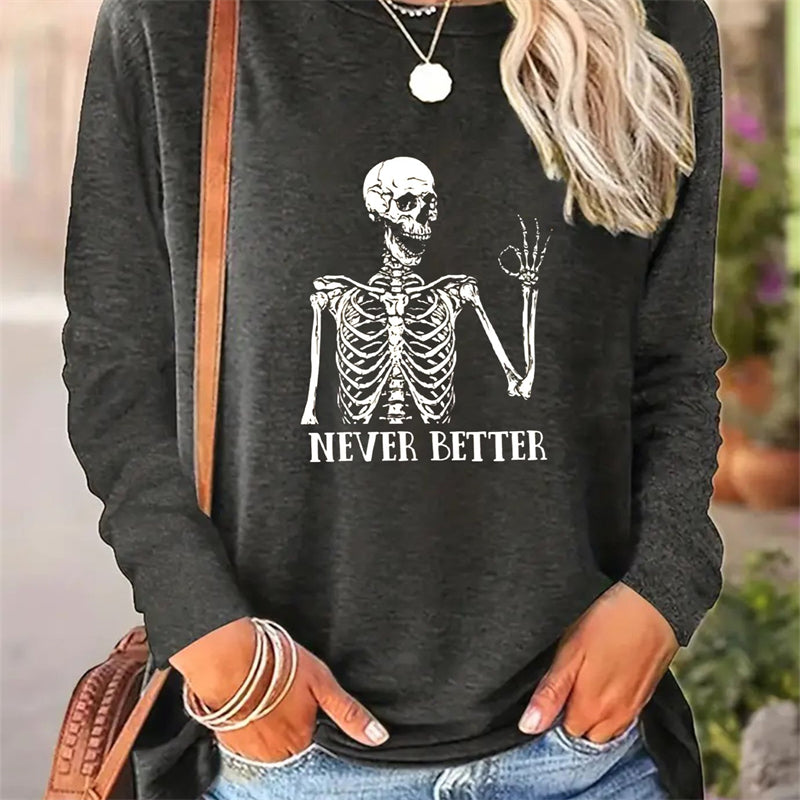 Spring And Autumn Women Casual Simple Pattern Printed Round Neck Long Sleeve T-shirt