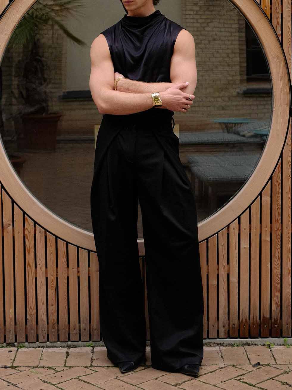 Men's Black Waist Pleated Wide-leg Pants