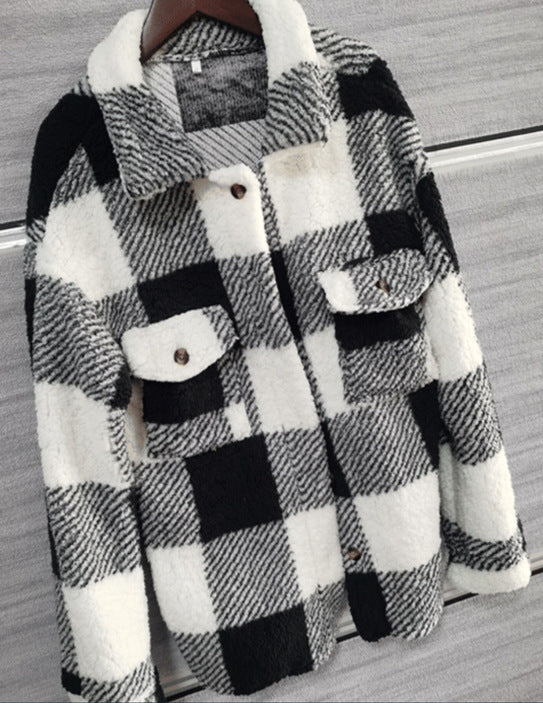 Women's Long-sleeved Double-pocket Plaid Furry Coat