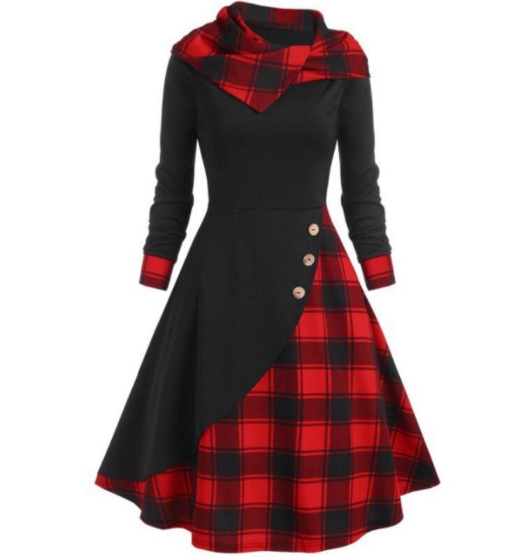 Plaid Stitching Hooded Turtleneck Dress