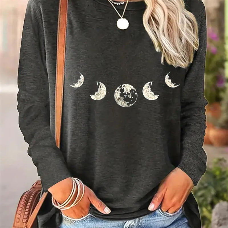 Spring And Autumn Women Casual Simple Pattern Printed Round Neck Long Sleeve T-shirt