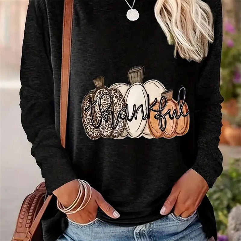 Spring And Autumn Women Casual Simple Pattern Printed Round Neck Long Sleeve T-shirt