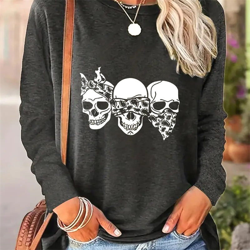 Spring And Autumn Women Casual Simple Pattern Printed Round Neck Long Sleeve T-shirt