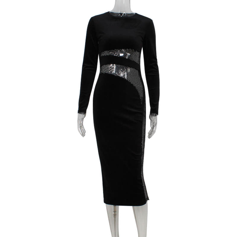 Sequined Stitching Slim Velvet Tight Dress