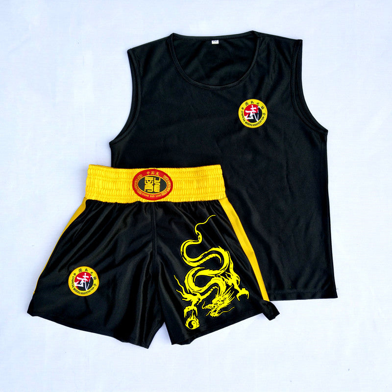 Men's And Women's Red And Black Sanda Shorts Martial Arts Dragon Pattern Boxing Suit