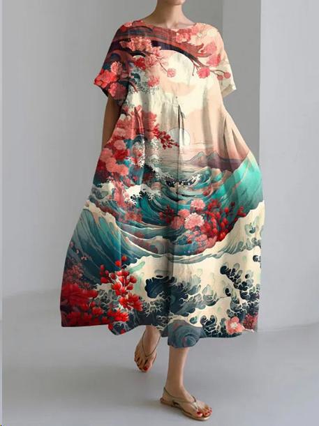 Women's Floral Print Short Sleeve A- Line Dress