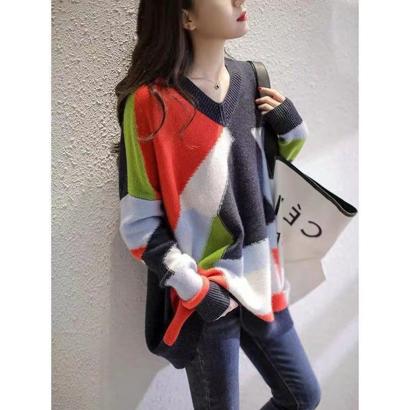 Women's V-neck Rainbow Color Idle Style Knitted Sweater