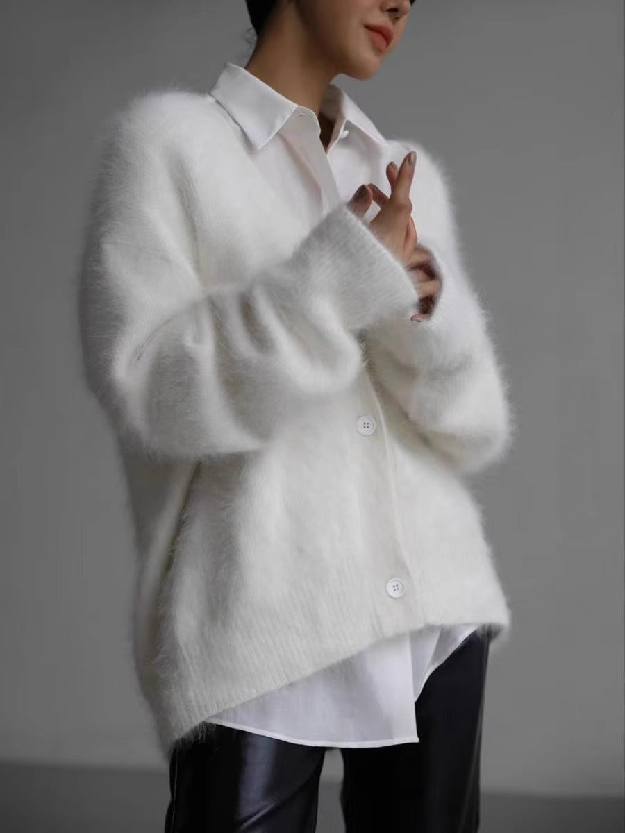 V-neck Faux Mink Fur Sweater Coat Women Fluffy Knitted Cardigan