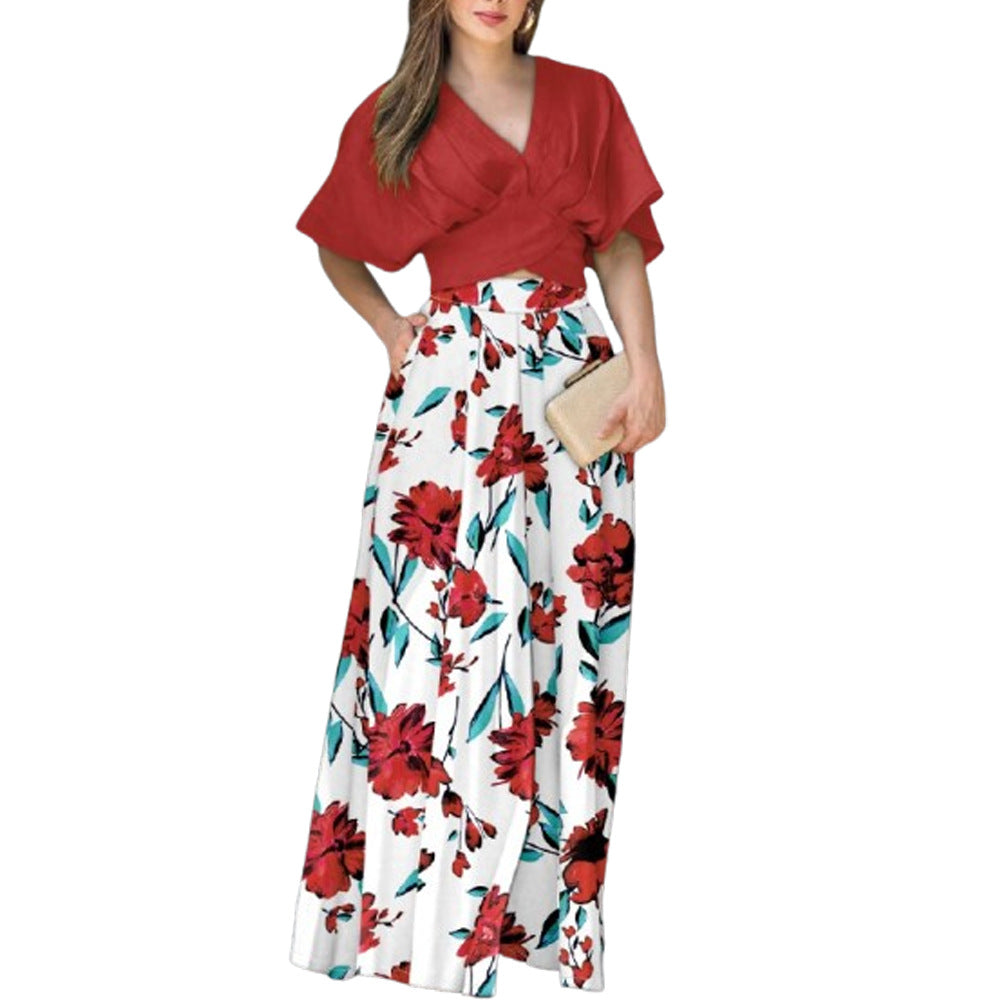 Women's Summer Short-sleeved Top And Pocket Trousers Printed Two-piece Suit