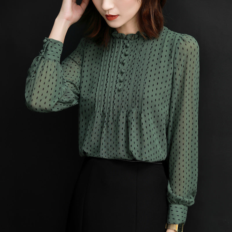 Fashion Stand Collar Polka Dot Chiffon Shirt Long Sleeve