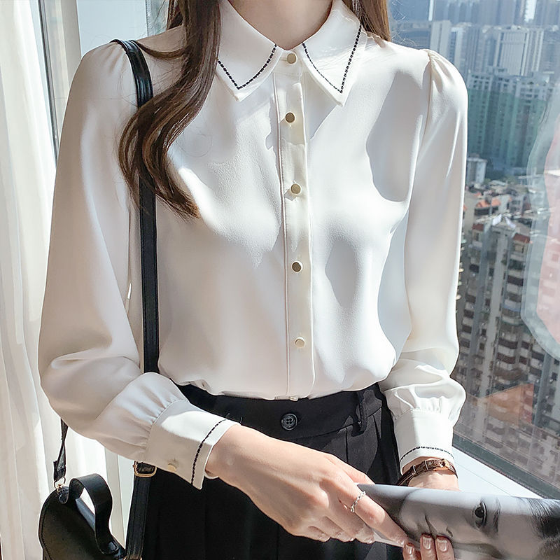 Spring And Autumn White Chiffon Long Sleeve Design Sense Niche Inner Bottoming Top Formal Shirt For Women