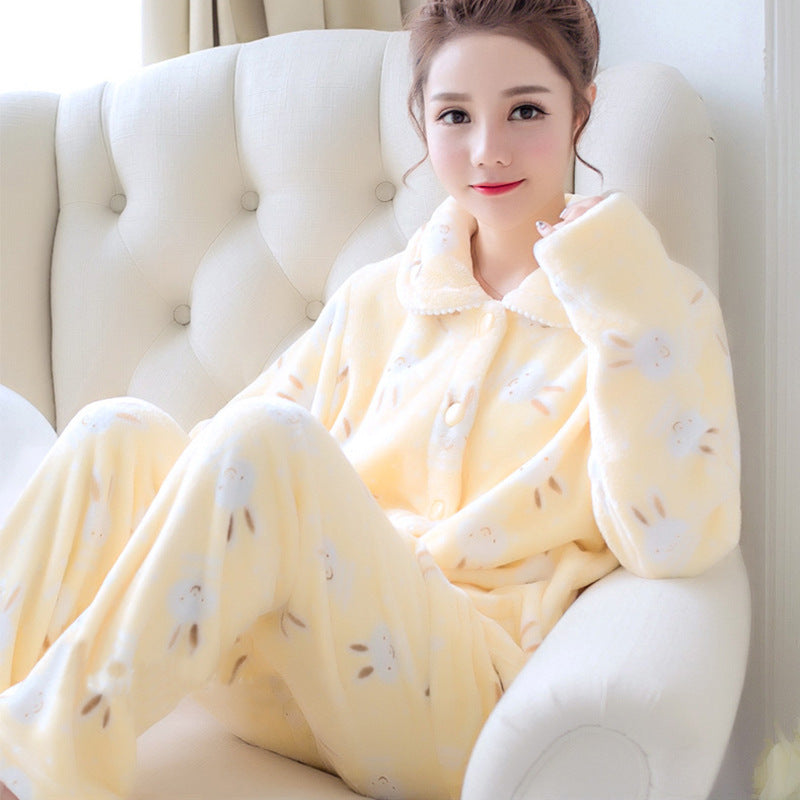 Autumn And Winter Fleece-lined Thickened Sweet Cardigan Flannel Homewear Pajamas