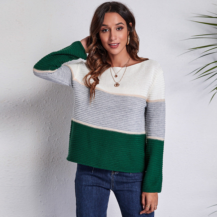 Contrast Color Large Striped Off-neck Knitted Sweater