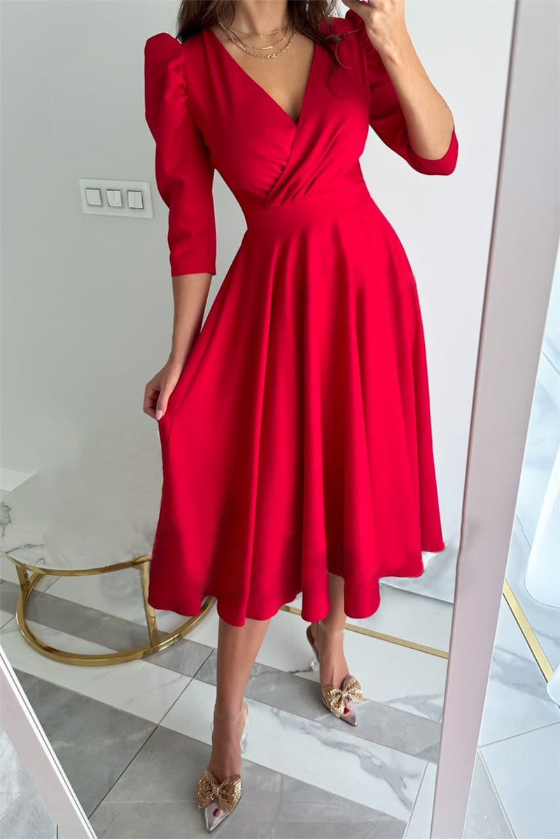 Women's Solid Color Pleated Waist Tight 34 Sleeve Swing Dress