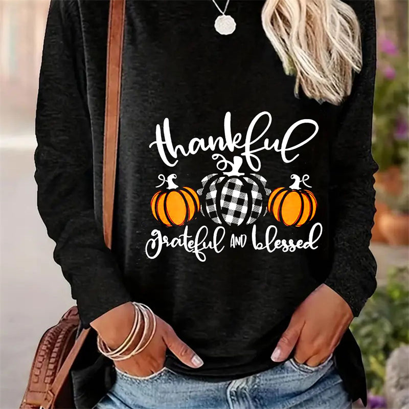 Spring And Autumn Women Casual Simple Pattern Printed Round Neck Long Sleeve T-shirt