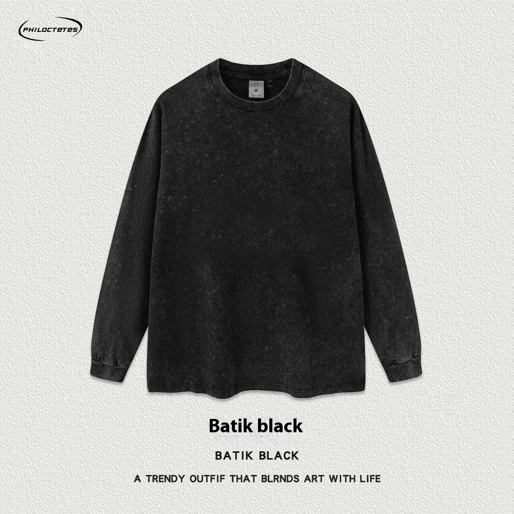 Spring Batik Long-sleeved T-shirt Retro Worn Looking Washed-out Loose Men's Top