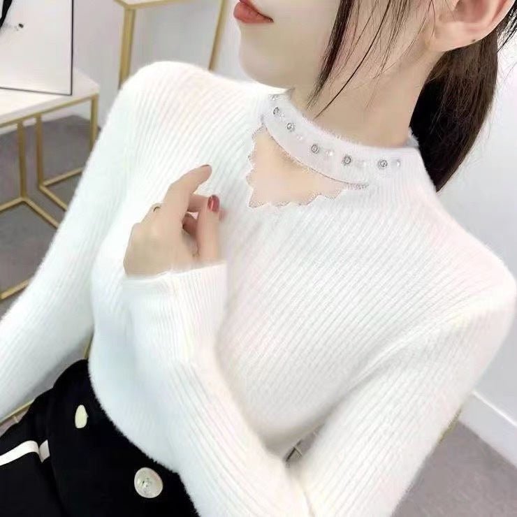 Lace Collar Hollow-out Rhinestone Pullover Sweater