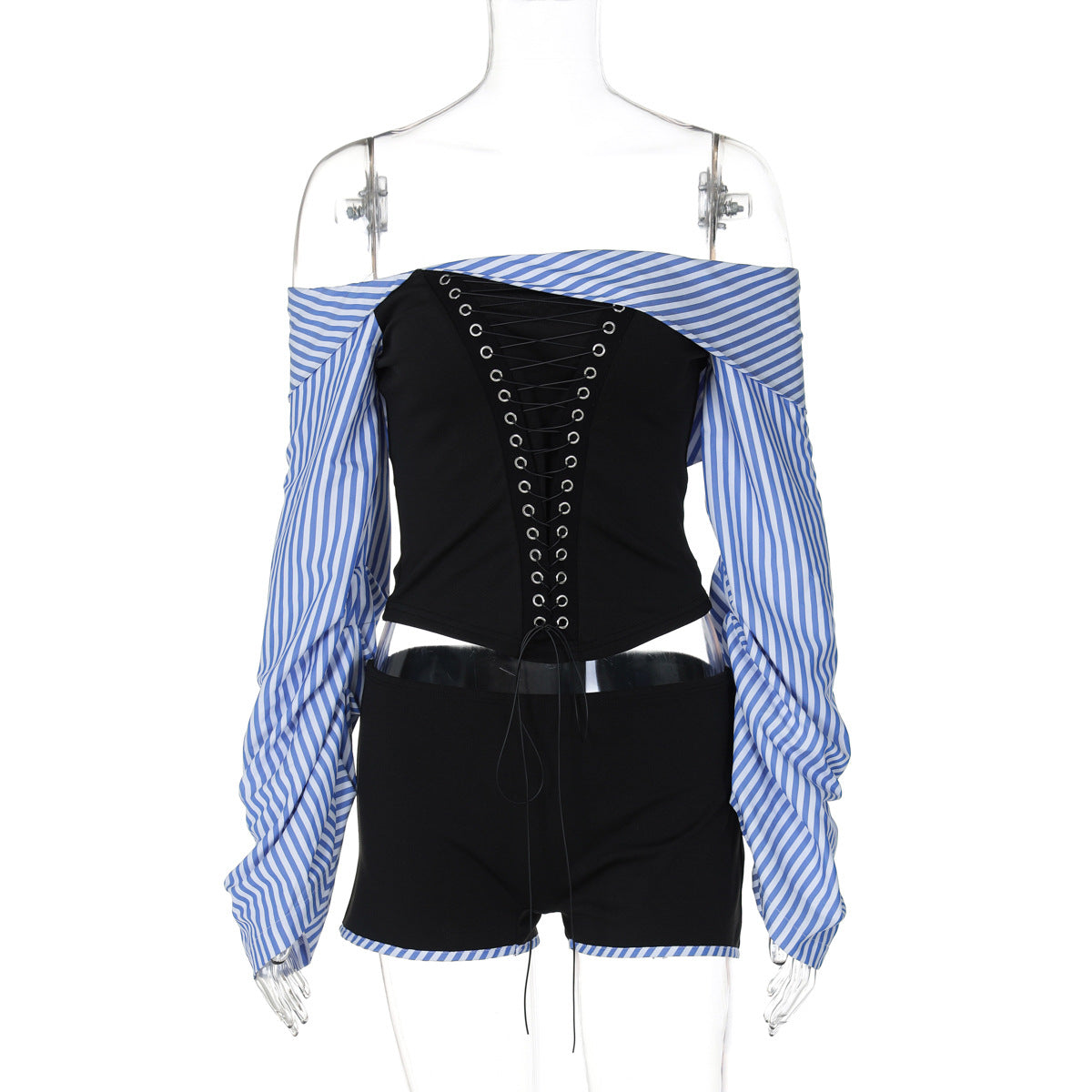 Off-neck Irregular Stitching Lace-up Striped Shirt Shorts Two-piece Set