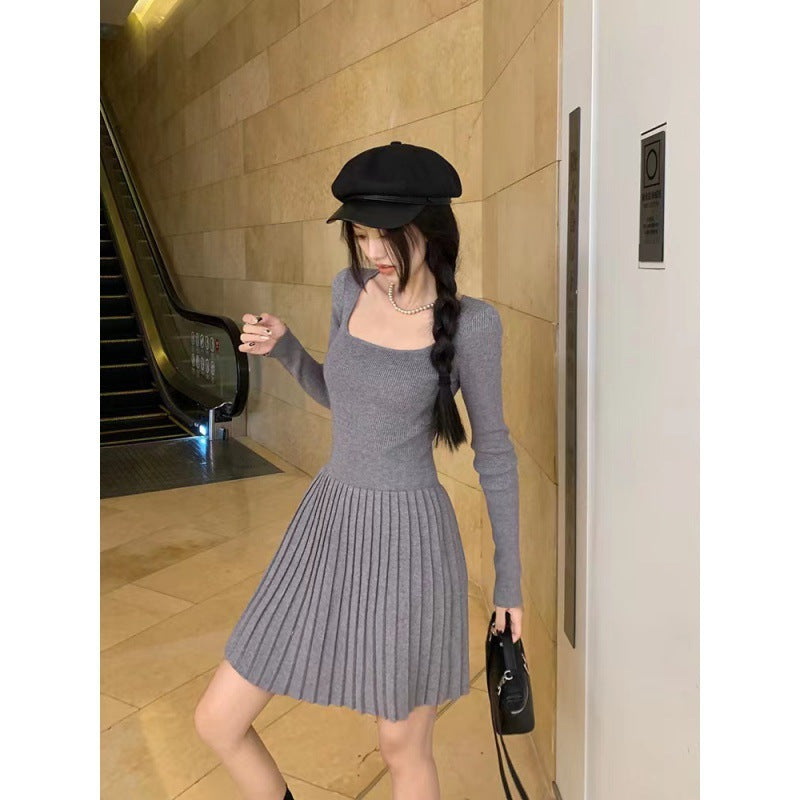 French Style Temperament Minimalist Square Collar Sweet And Spicy Knitted Dress