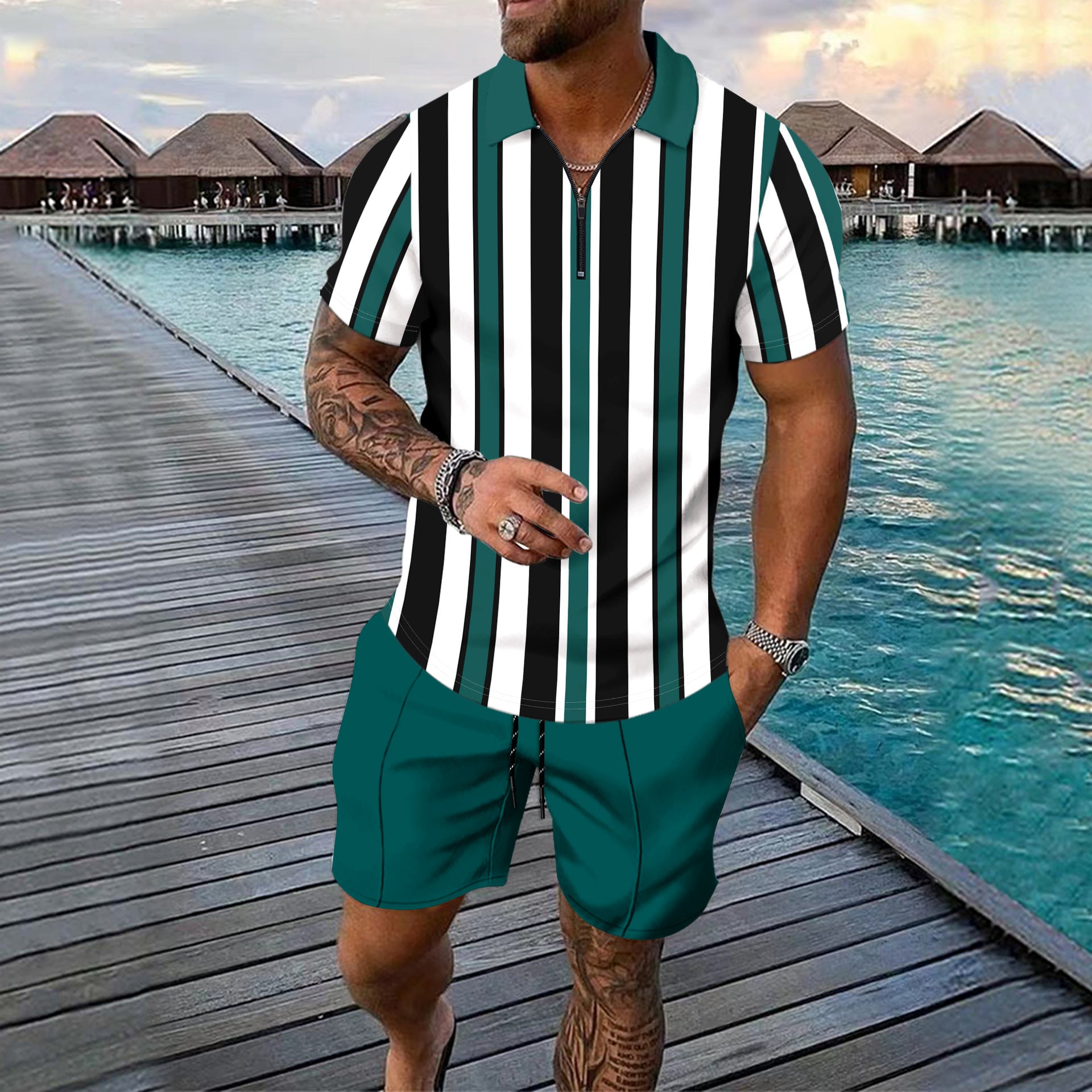 Striped Printed Short Sleeve Shorts For Vacation