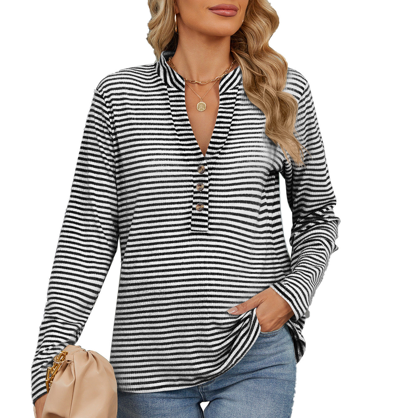 V-neck Buttons Striped Loose Long-sleeved Women Blouse