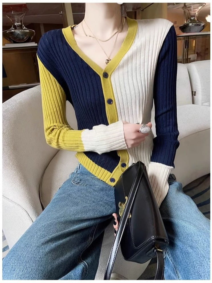 Fashion Special Multicolor V-neck Knitted Cardigan Women