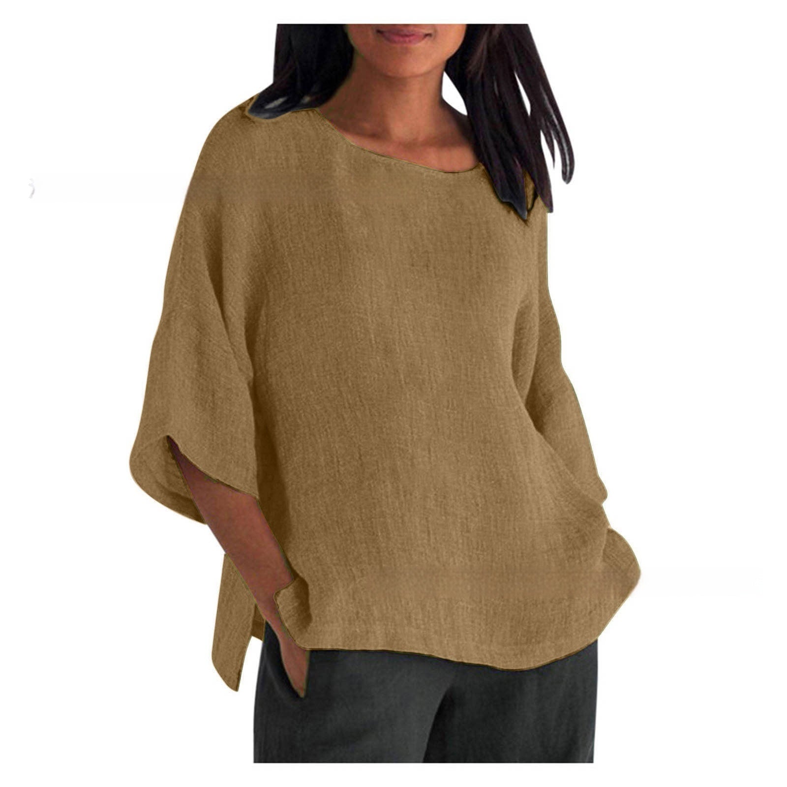 Women's Three-quarter Sleeve Round Neck Cotton And Linen Shirt Top