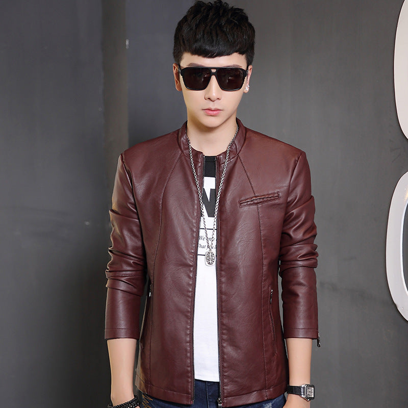 Men's Fashion Casual Stand Collar Zipper Fleece Leather Jacket