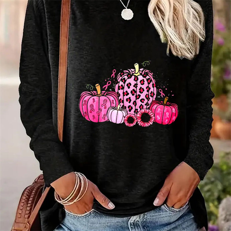 Spring And Autumn Women Casual Simple Pattern Printed Round Neck Long Sleeve T-shirt