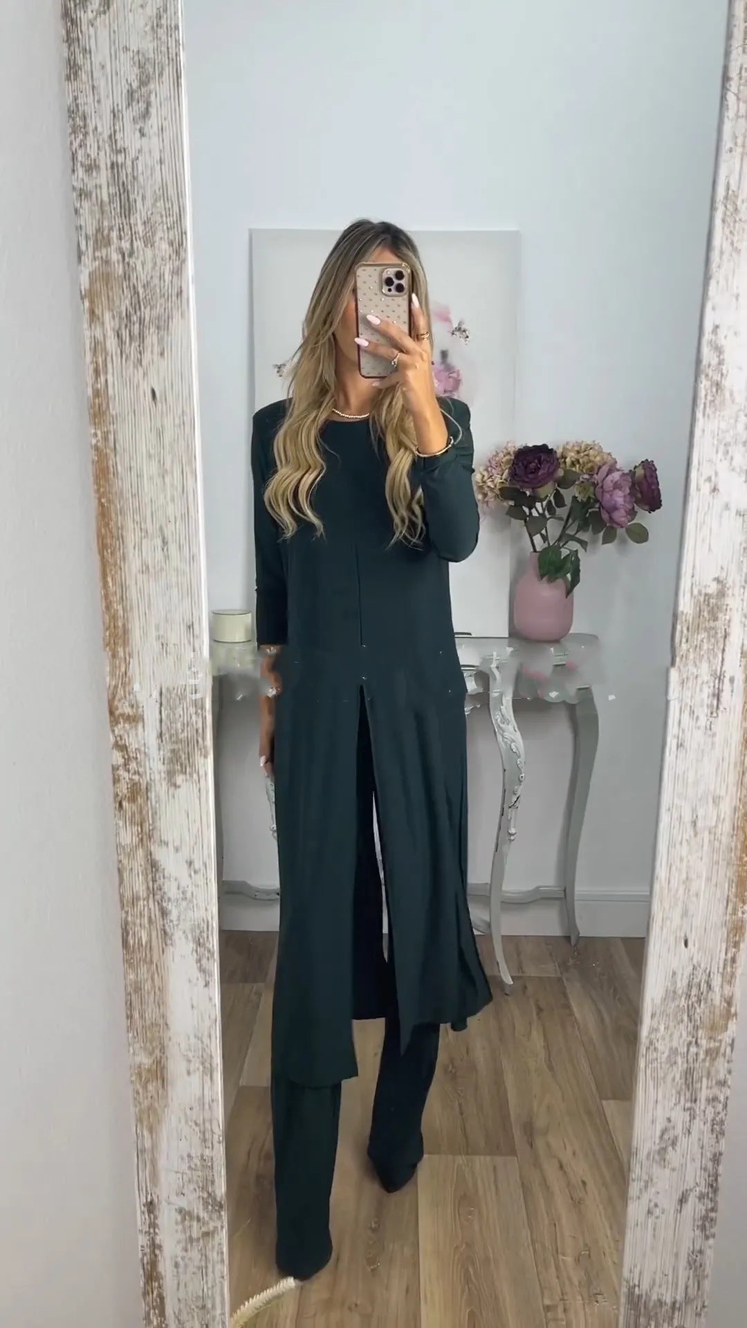 European And American Autumn New Casual Loose Round Neck Split Trousers Two-piece Set For Women