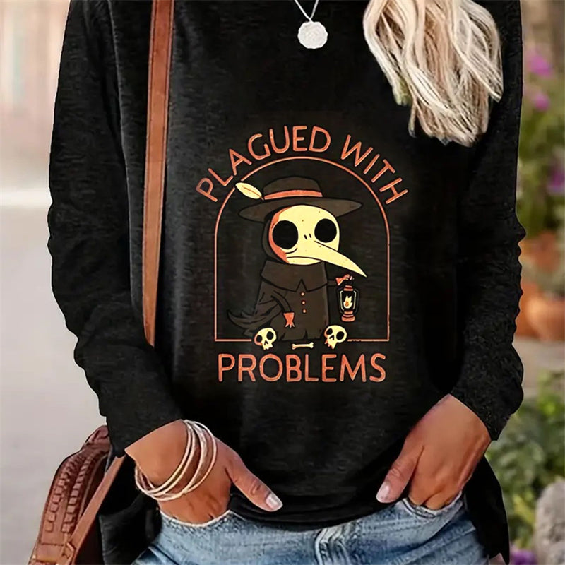 Spring And Autumn Women Casual Simple Pattern Printed Round Neck Long Sleeve T-shirt